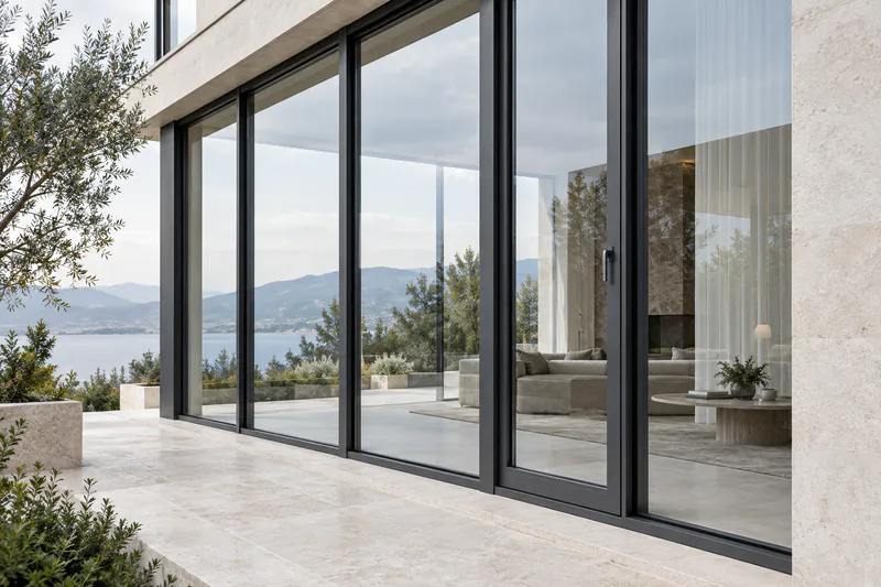 Illustrative image of tall aluminium windows with graphite-coloured frames