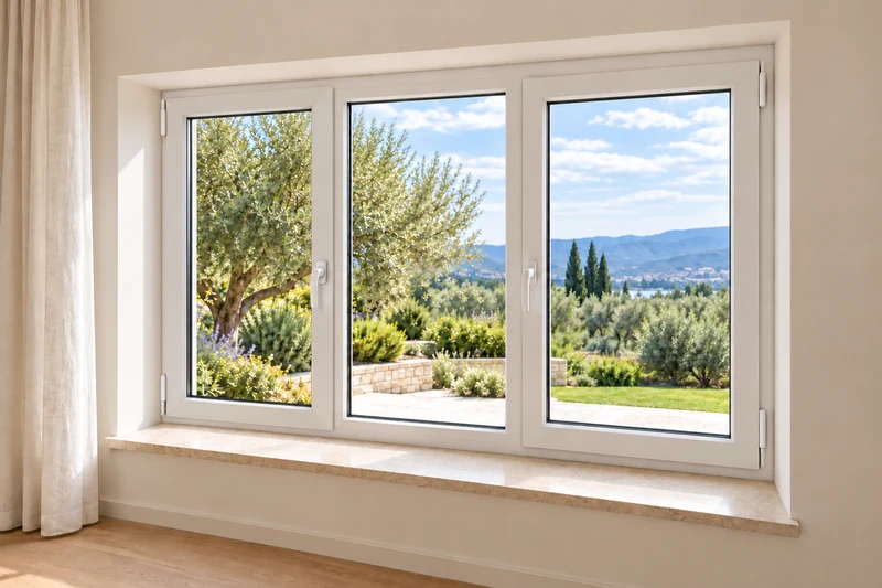 Illustrative image of a three-section uPVC window with two opening outer sashes and a fixed centre pane