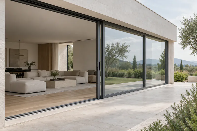 Illustrative image of a wide lift-and-slide glazed opening onto a terrace