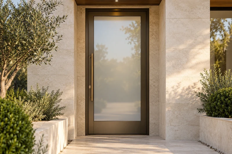 Aluminium entrance door with a bronze-coloured profile and a large frosted glass panel