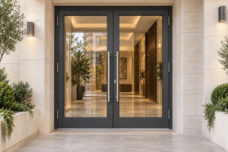 Double aluminium entrance doors with large glass panels and graphite-coloured profiles