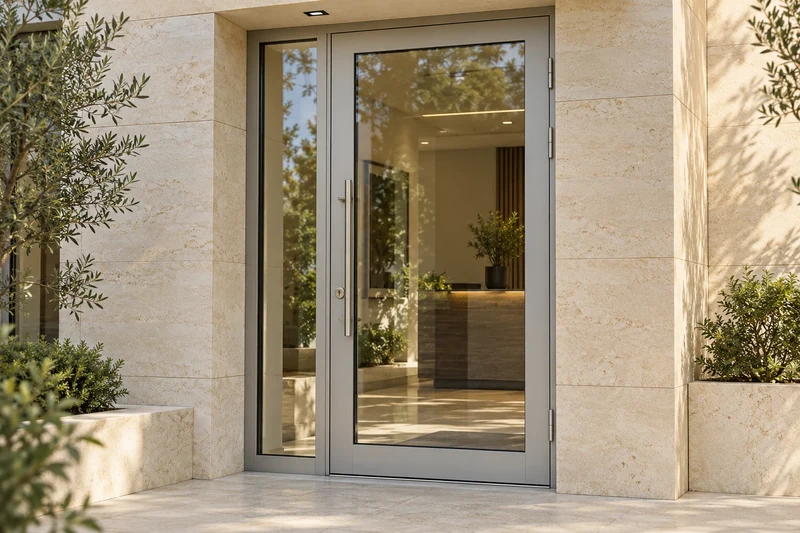 Entrance door with a light grey aluminium profile and a clear glass panel