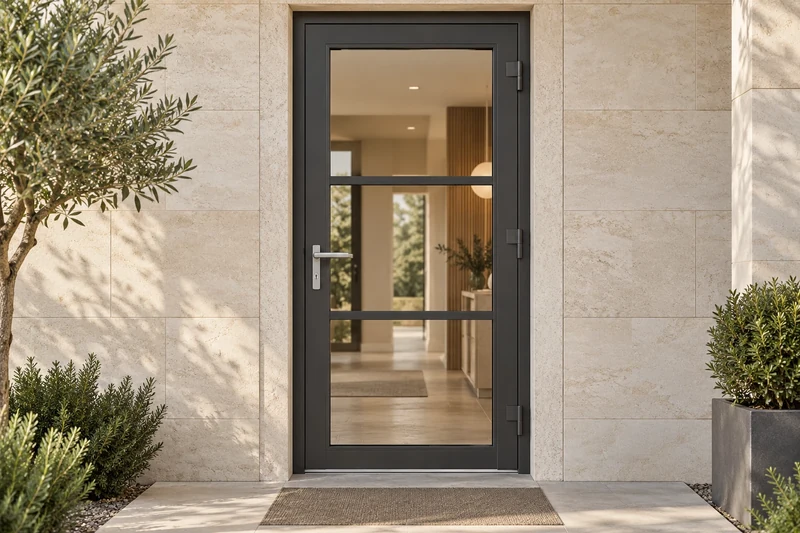 Graphite-coloured aluminium entrance door with three clear glass panels