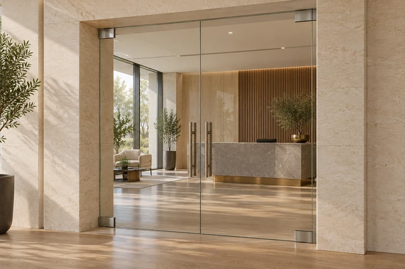Clear double glass doors with two vertical metal handles