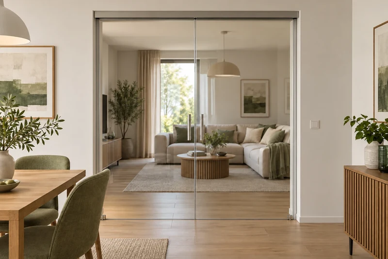 Clear double sliding glass doors with a discreet top track
