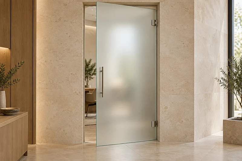 Interior frosted glass door with discreet metal hinges and handle