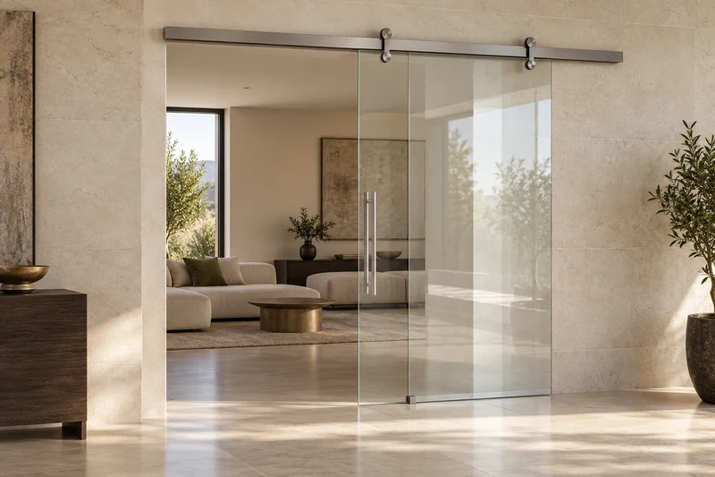Clear interior sliding door with a discreet top track and metal handle