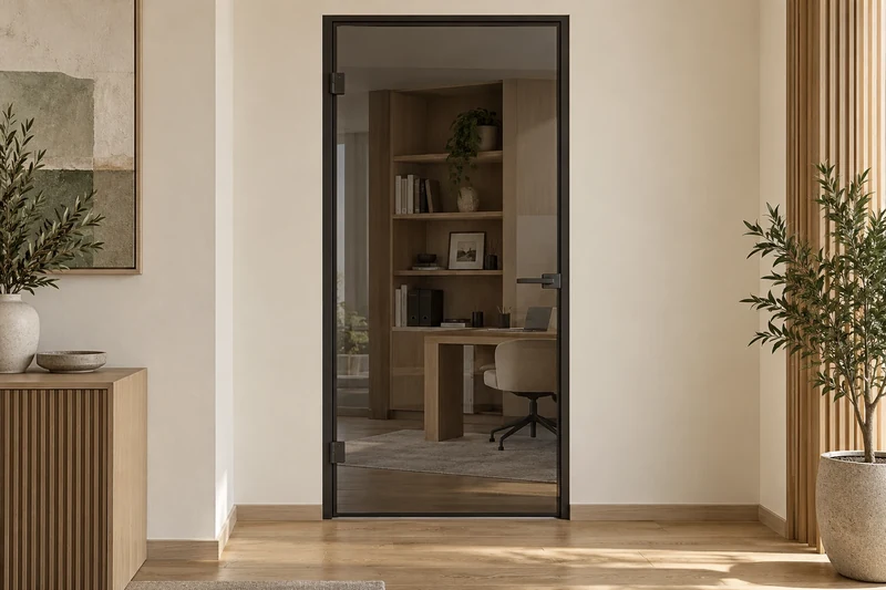 Interior door with smoked grey glass, graphite-coloured fittings and a discreet handle
