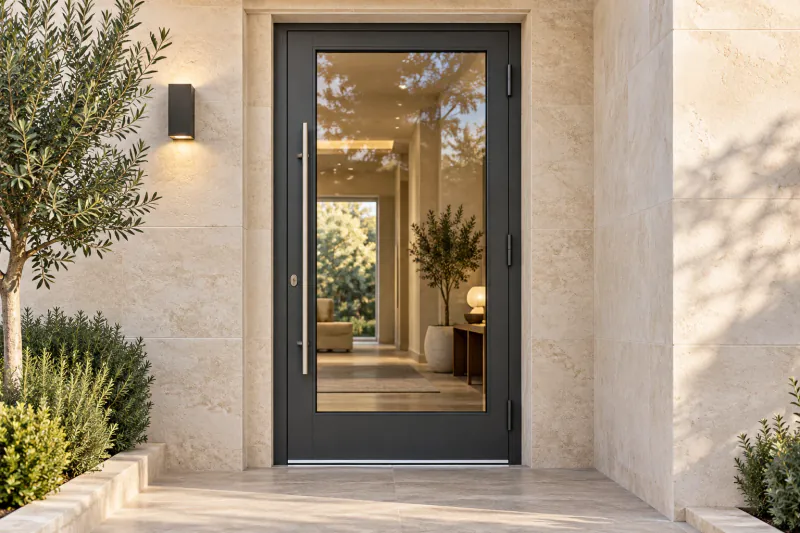 Aluminium entrance door with a large glazed panel and graphite-coloured frame