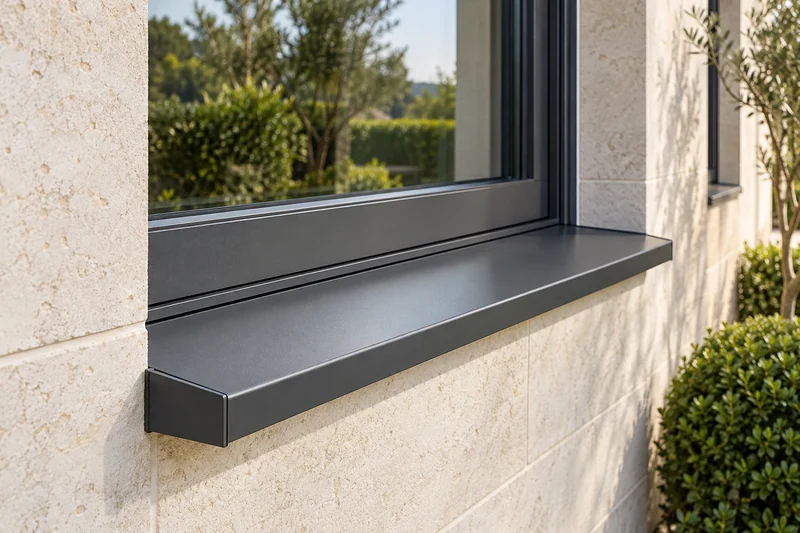External aluminium sill with a slight slope and a drip edge beneath a window