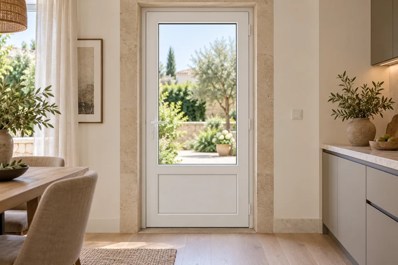 White uPVC door with a glazed leaf and internal handle