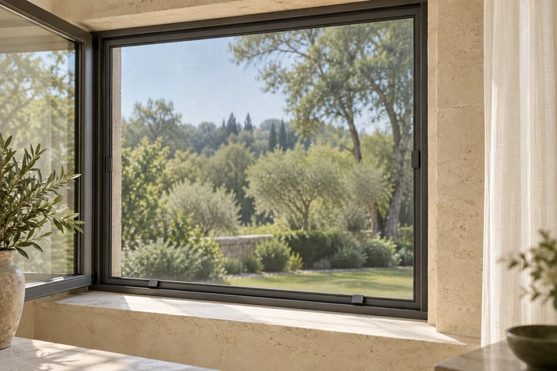 Integrated insect screen with a slim frame fitted into the window opening and evenly tensioned mesh