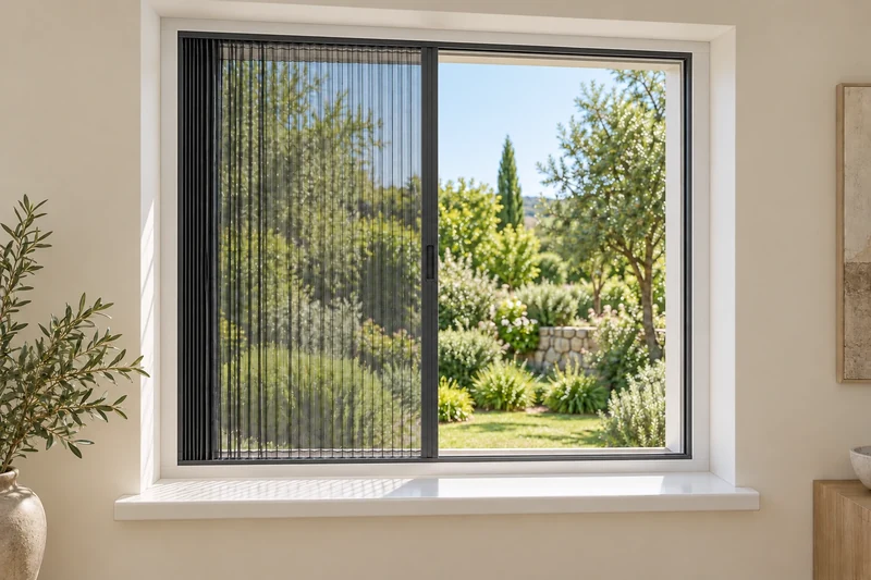 Integrated pleated insect screen in a window, half open