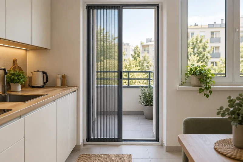 Half-open pleated insect screen on a single door to a kitchen terrace