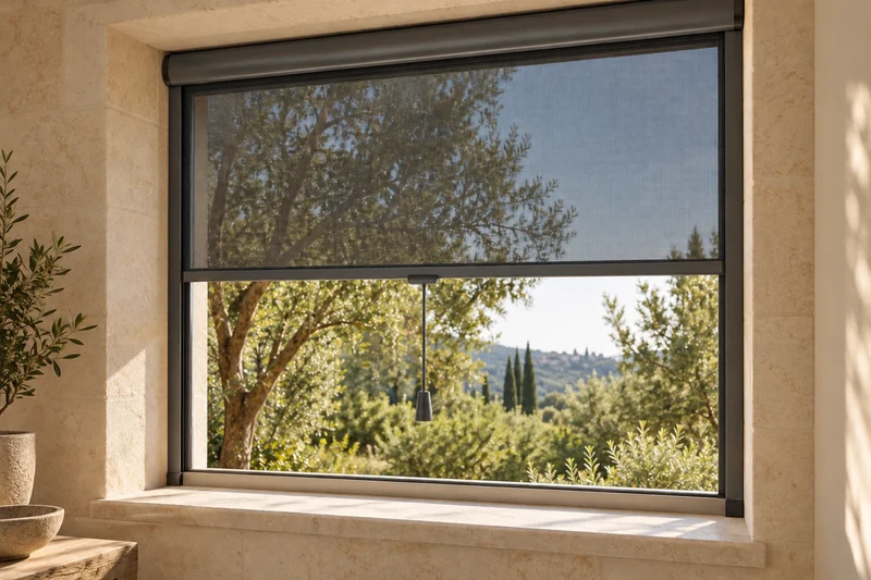 Roller insect screen lowered halfway over a window, with a visible pull cord