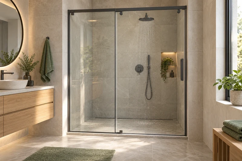 Recessed shower enclosure with a clear sliding door and graphite-coloured profiles