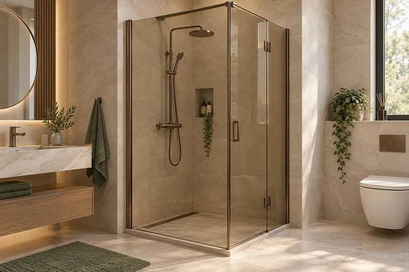 Rectangular shower enclosure with lightly bronze-tinted glass and discreet fittings