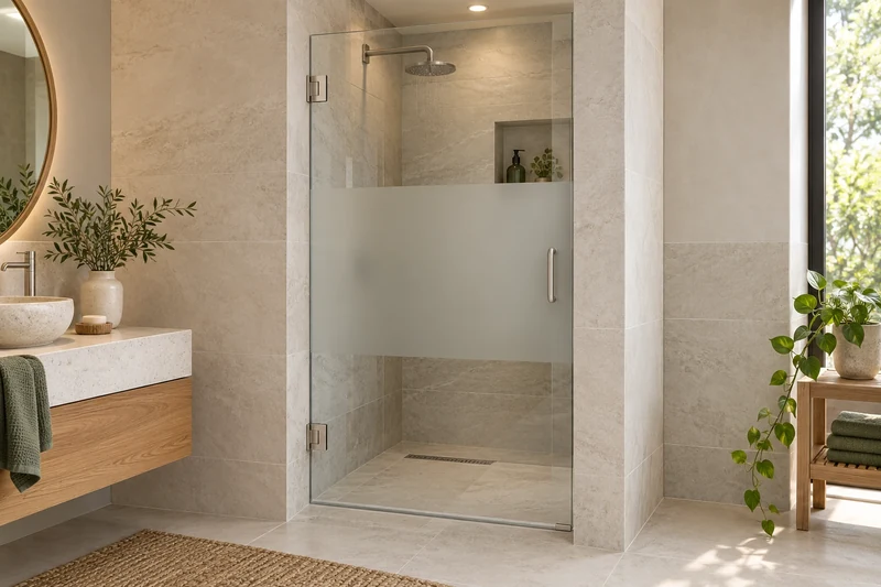 Recessed shower enclosure with a hinged door and a wide frosted area on the glass