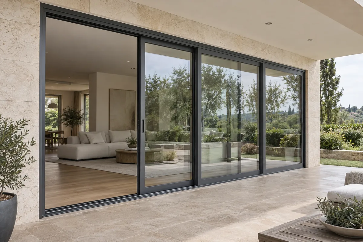 Illustration of an aluminium-framed sliding system opening onto a terrace