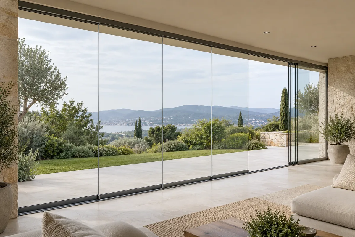 Illustration of frameless sliding terrace glazing with clear joints and discreet tracks