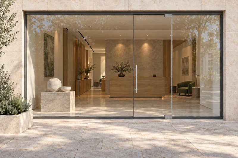 Clean-lined shopfront with large clear panels and a glass entrance door