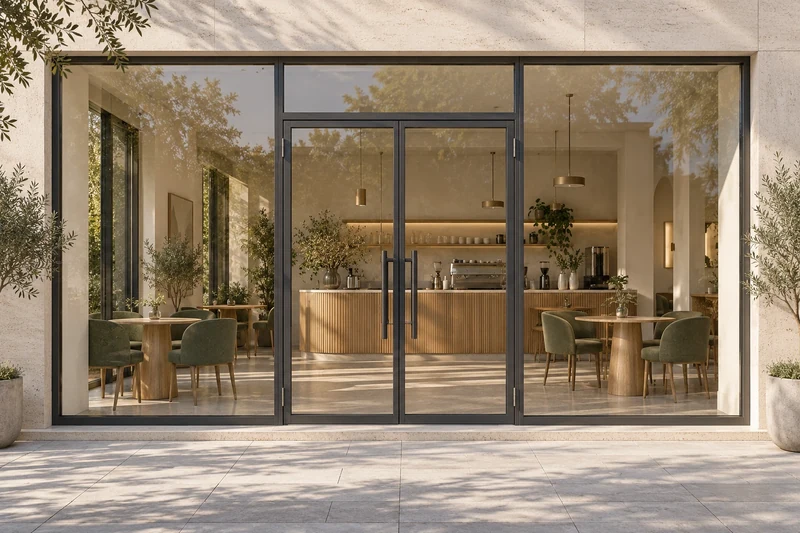 Small cafe shopfront with graphite-coloured aluminium profiles and double glass entrance doors