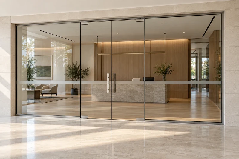 Interior showroom frontage with clear fixed panels and double glass doors